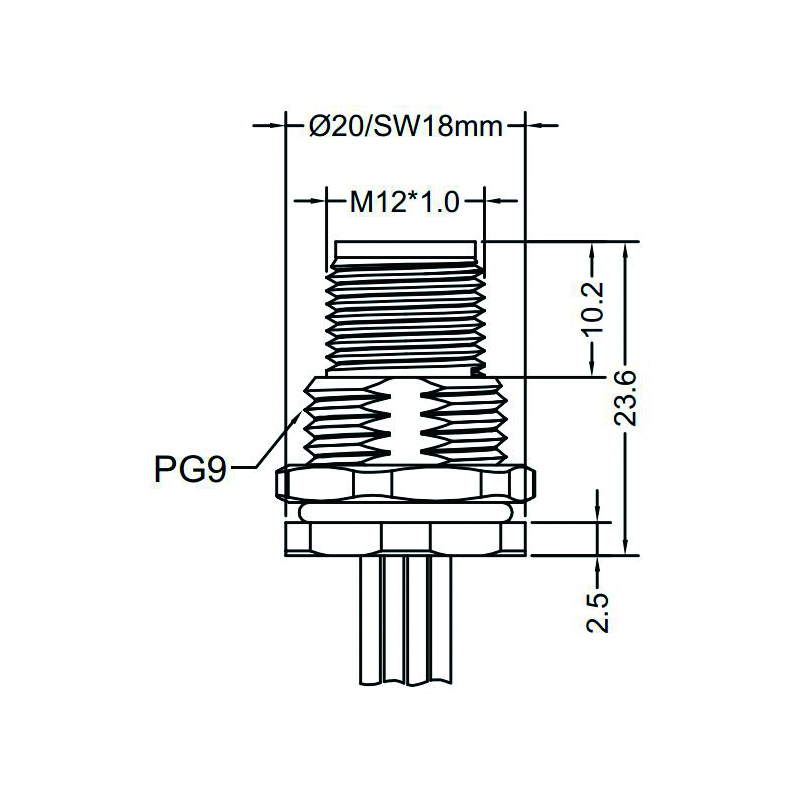 M12 5pins K code male straight front panel mount connector PG9 thread,unshielded,single wires,brass with nickel plated