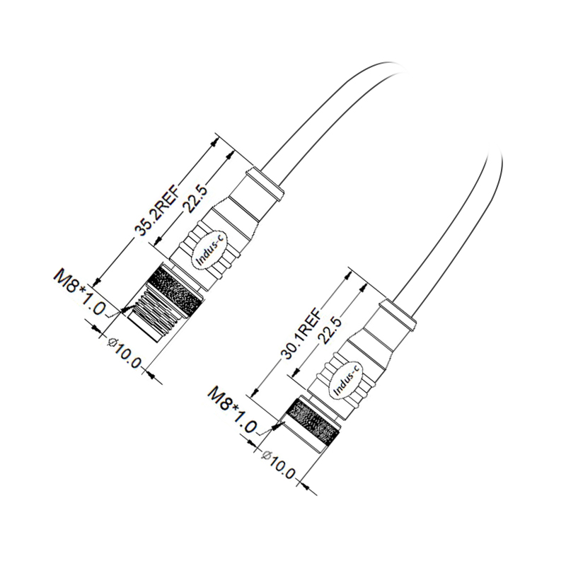 M8 4pins D male to female straight molded cable,shielded,shielded,PVC,-40°C~+105°C,24AWG 0.25mm²,brass with nickel plated screw