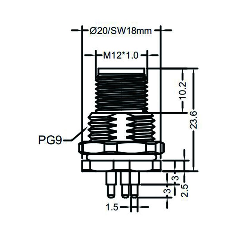 M12 5pins K code male straight front panel mount connector PG9 thread,unshielded,insert,brass with nickel plated shell