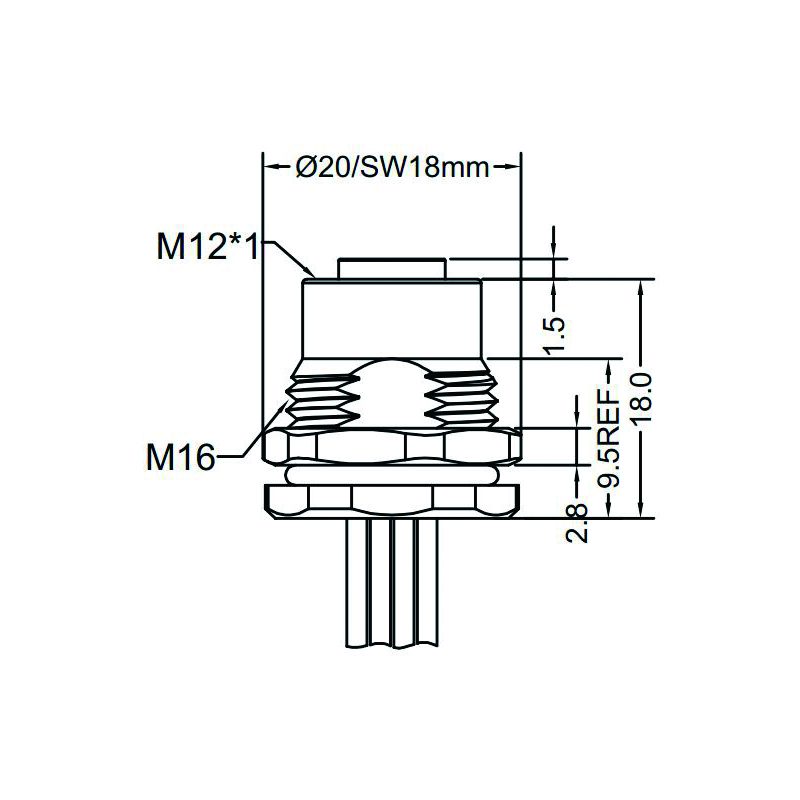 M12 5pins K code female straight front panel mount connector M16 thread,unshielded,single wires,brass with nickel plated