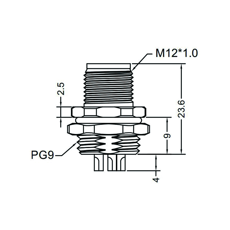 M12 5pins K code male straight rear panel mount connector PG9 thread,unshielded,solder,brass with nickel plated shell