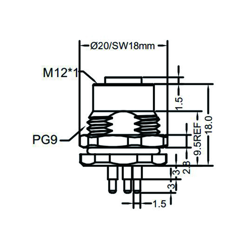 M12 5pins K code female straight front panel mount connector PG9 thread,unshielded,insert,brass with nickel plated shell