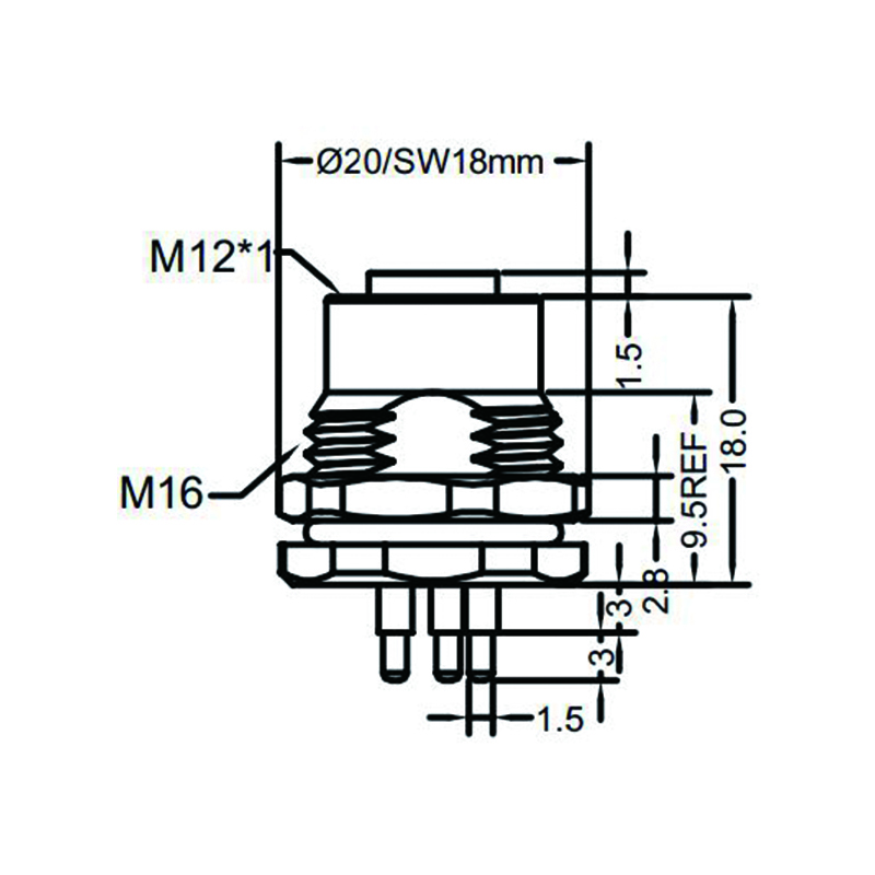 M12 5pins K code female straight front panel mount connector M16 thread,unshielded,insert,brass with nickel plated shell