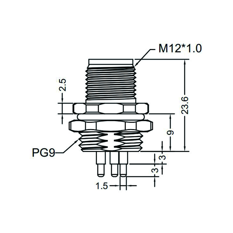 M12 5pins K code male straight rear panel mount connector PG9 thread,unshielded,insert,brass with nickel plated shell