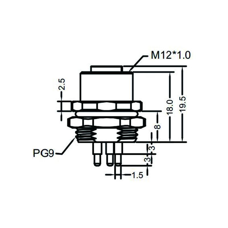 M12 5pins K code female straight rear panel mount connector PG9 thread,unshielded,insert,brass with nickel plated shell