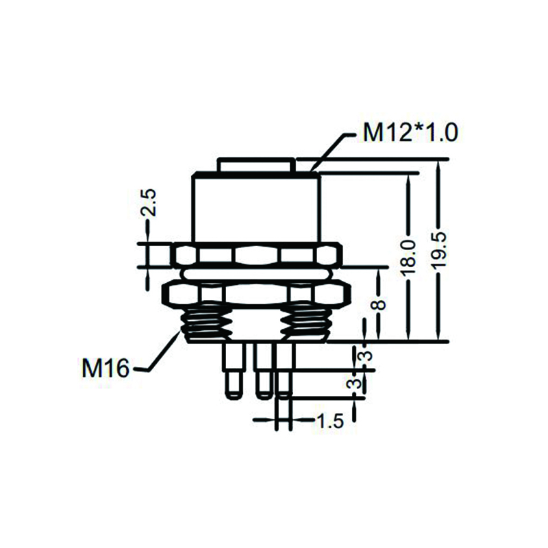 M12 5pins K code female straight rear panel mount connector M16 thread,unshielded,insert,brass with nickel plated shell