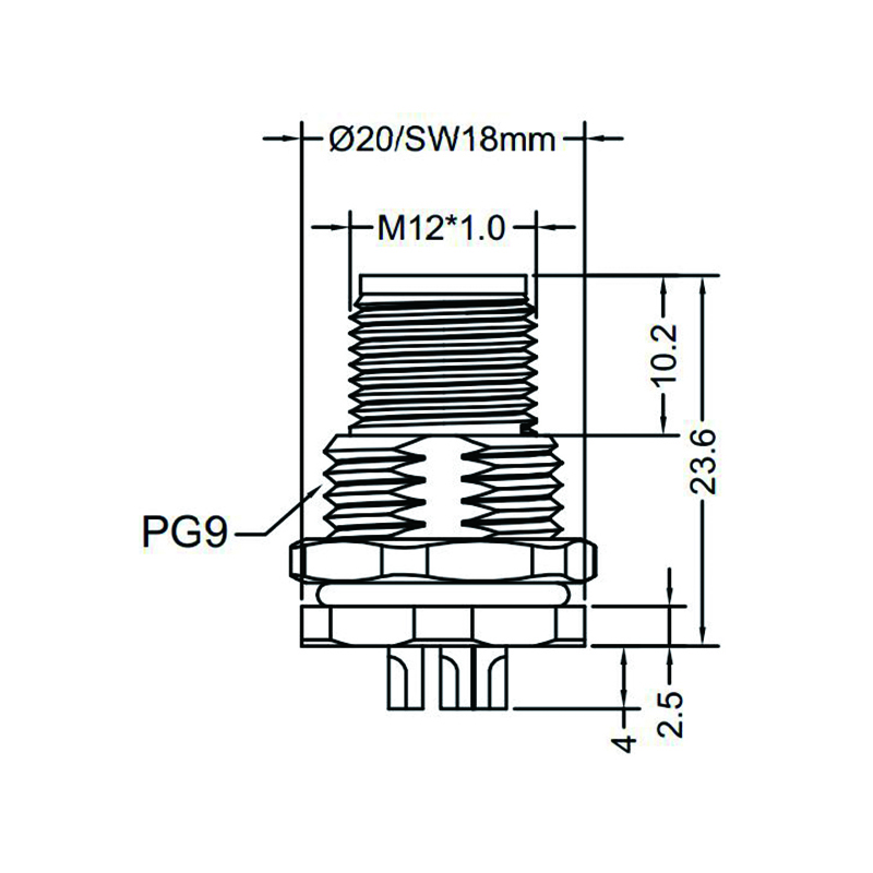 M12 5pins K code male straight front panel mount connector PG9 thread,unshielded,solder,brass with nickel plated shell