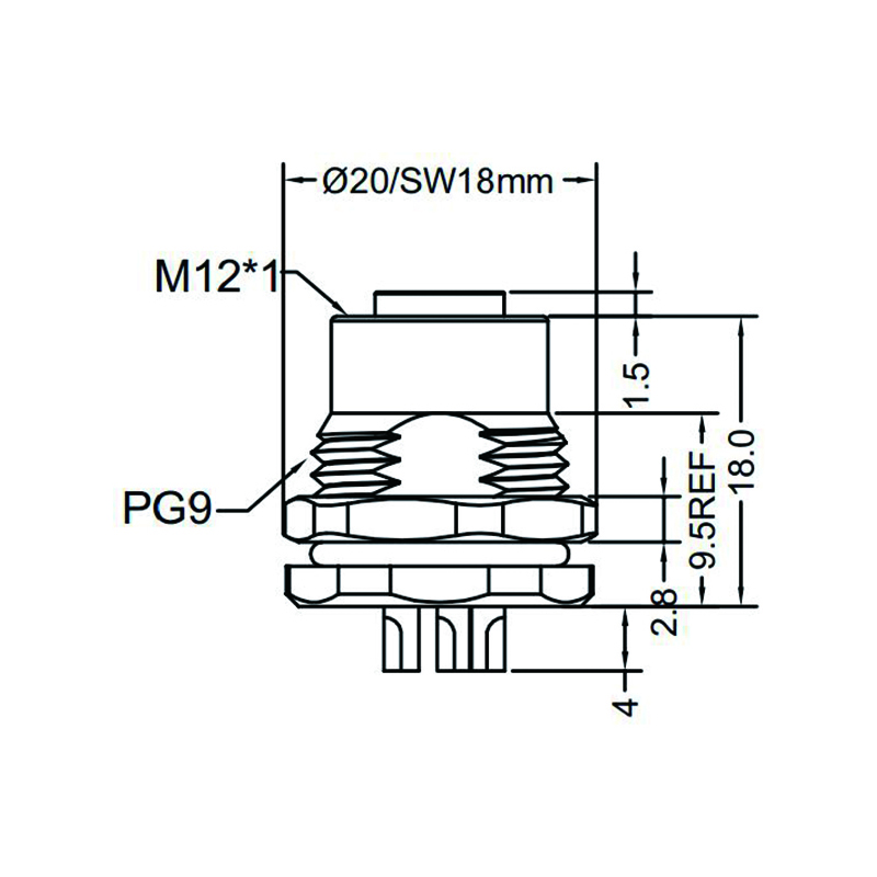 M12 5pins K code female straight front panel mount connector PG9 thread,unshielded,solder,brass with nickel plated shell