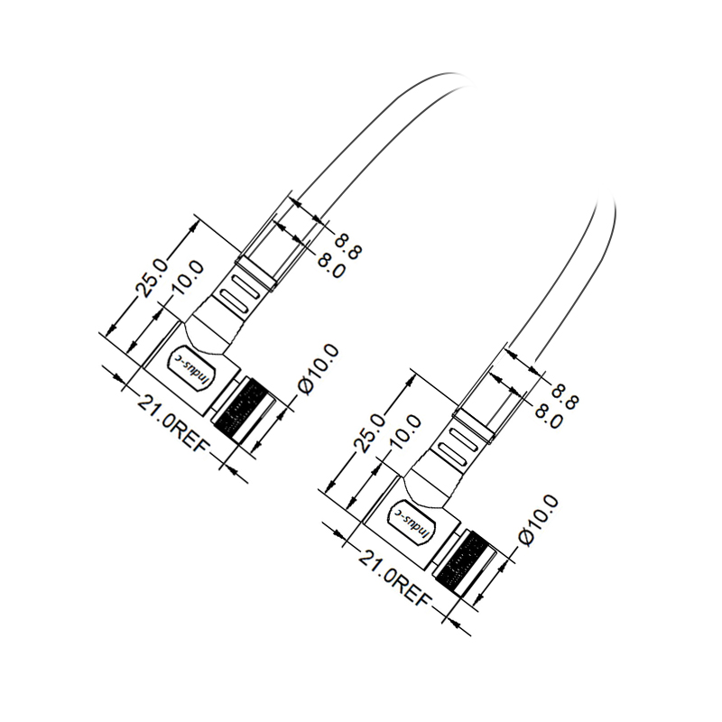 M8 4pins D code female to female right angle molded cable,unshielded,PUR,-40°C~+105°C,24AWG 0.25mm²,brass with nickel plated screw