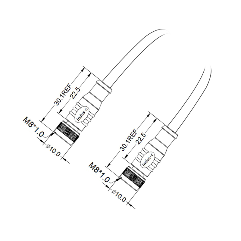 M8 4pins D code female to female straight molded cable,shielded,PUR,-40°C~+105°C,24AWG 0.25mm²,brass with nickel plated screw