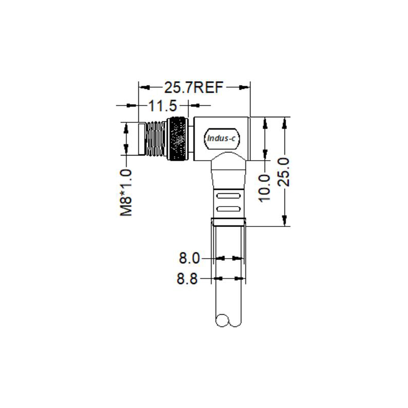 M8 4pins D male right angle molded cable,unshielded,PVC,-40°C~+105°C,24AWG 0.25mm²,brass with nickel plated screw