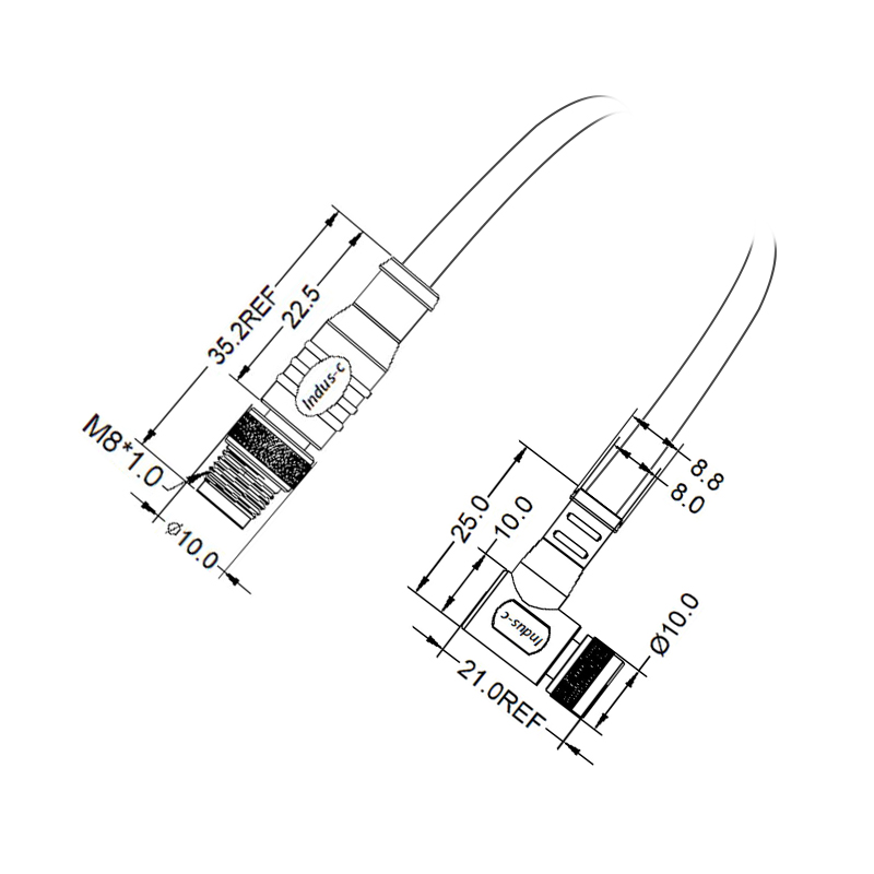 M8 4pins D male straight to female right angle molded cable,shielded,PUR,-40°C~+105°C,24AWG 0.25mm²,brass with nickel plated screw