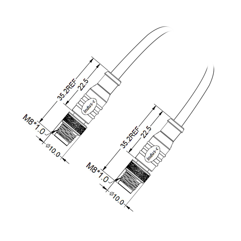 M8 4pins D code male to male straight molded cable,shielded,PUR,-40°C~+105°C,24AWG 0.25mm²,brass with nickel plated screw
