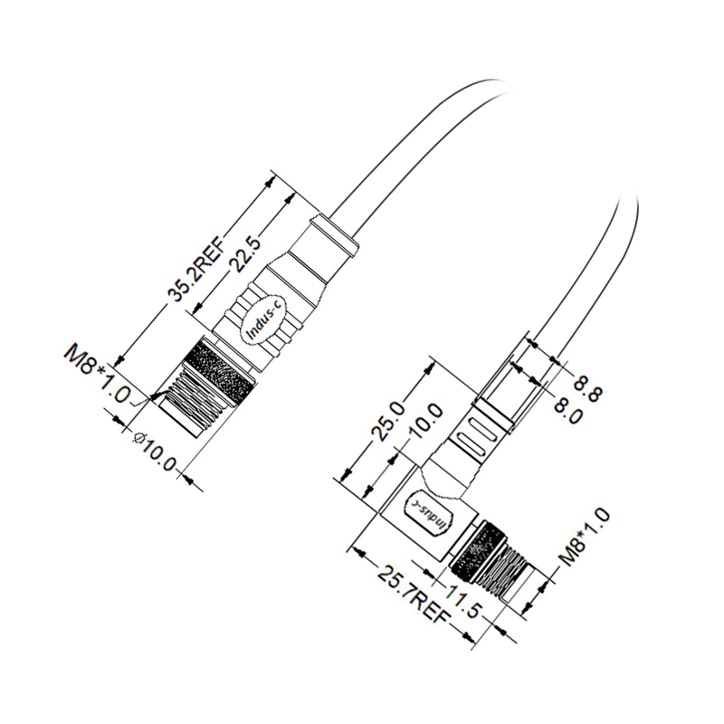 M8 4pins D code male straight to male right angle molded cable,shielded,PUR,-40°C~+105°C,24AWG 0.25mm²,brass with nickel plated screw