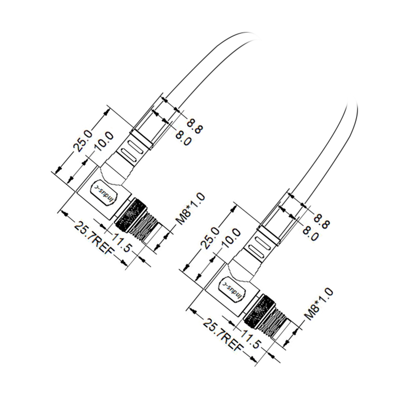 M8 4pins D code male to male right angle molded cable,shielded,PUR,-40°C~+105°C,24AWG 0.25mm²,brass with nickel plated screw
