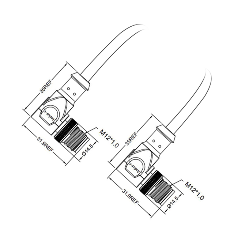 M12 3pins A code male right angle to male right angle molded cable,unshielded,PUR,-40°C~+105°C,22AWG 0.34mm²,brass with nickel plated screw