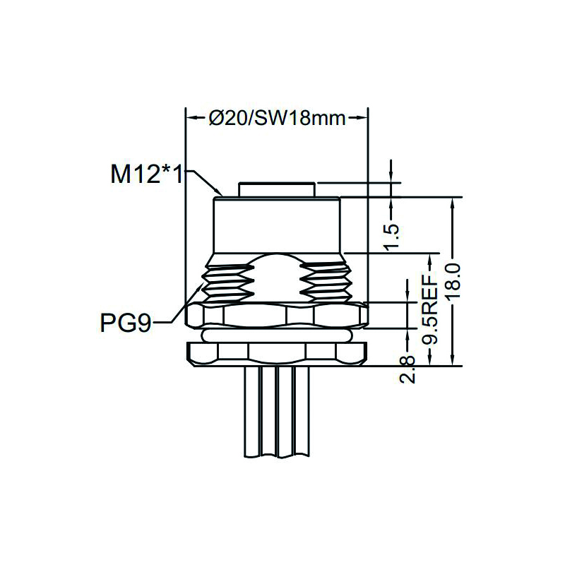 M12 4pins L code female straight front panel mount connector PG9 thread,unshielded,single wires,brass with nickel plated