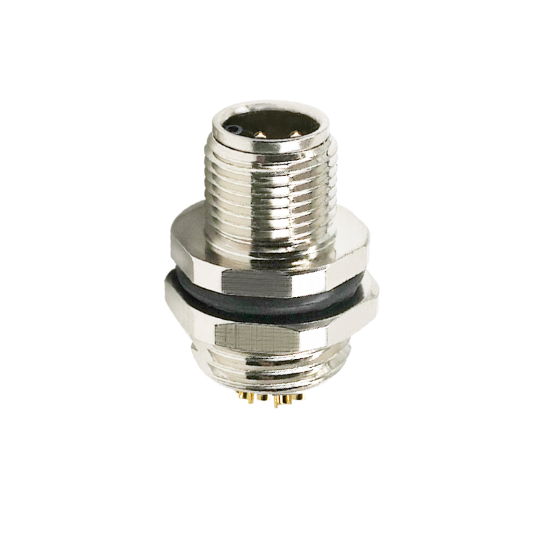 M12 4pins L code male straight rear panel mount connector M16 thread,unshielded,solder,brass with nickel plated shell