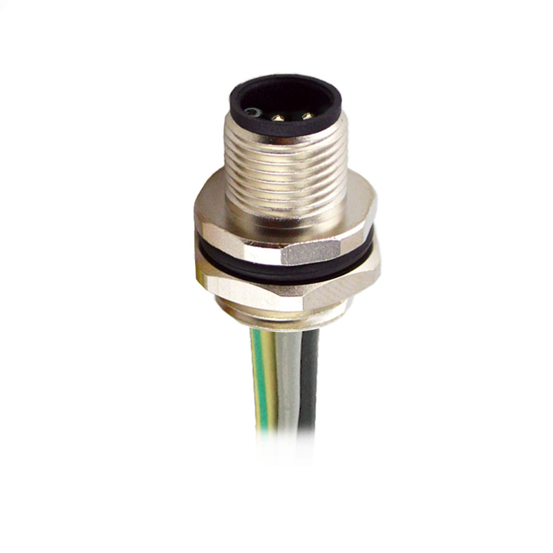 M12 4pins L code male straight rear panel mount connector M16 thread,unshielded,single wires,brass with nickel plated