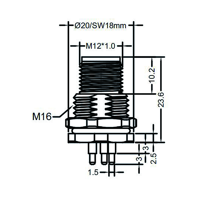 M12 4pins L code male straight front panel mount connector M16 thread,unshielded,insert,brass with nickel plated shell