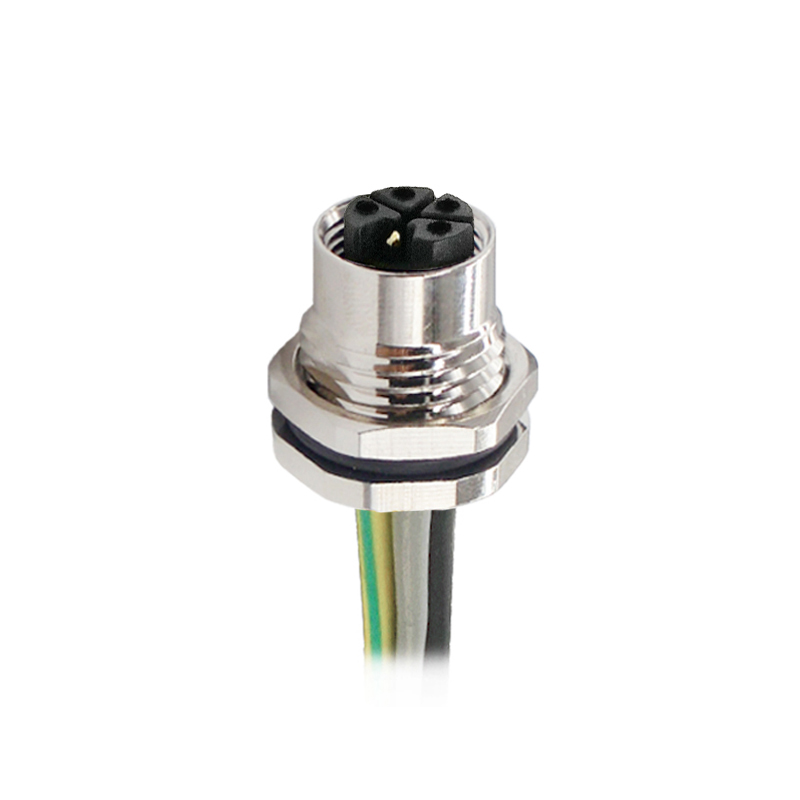 M12 4pins L code female straight front panel mount connector PG9 thread,unshielded,single wires,brass with nickel plated