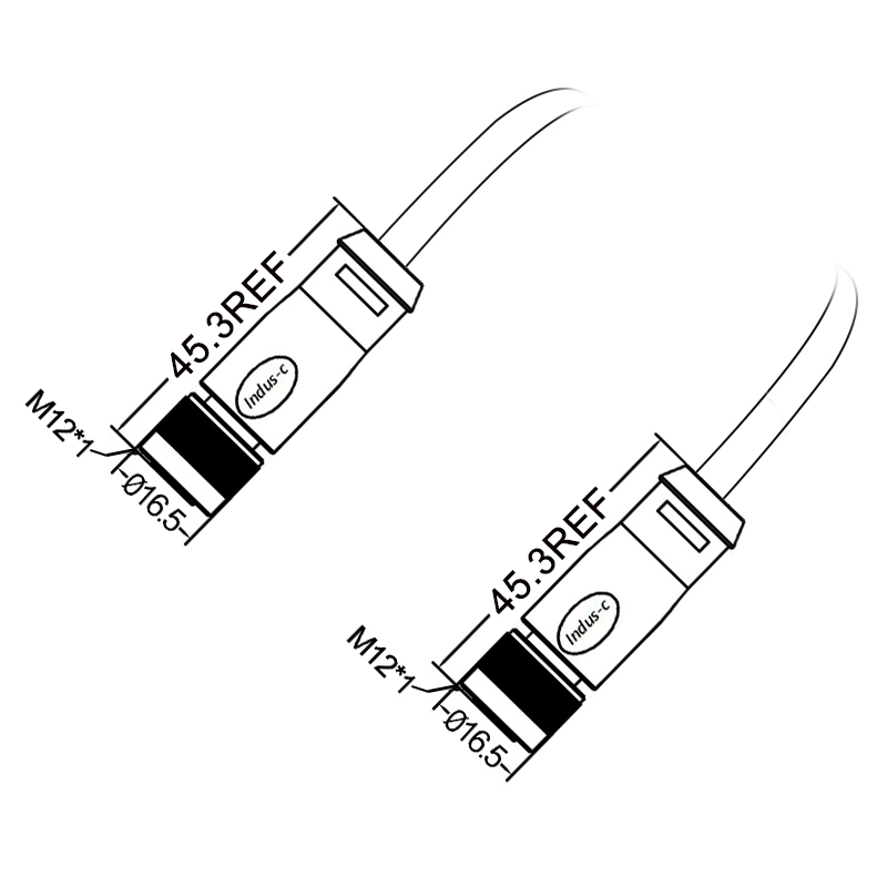 M12 4pins L code female to female straight molded cable,unshielded,PVC,-40°C~+105°C,22AWG 0.34mm²,brass with nickel plated screw