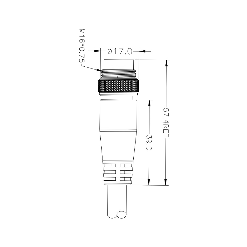 M16 3pins A code male straight molded cable,unshielded,PUR,-40°C~+105°C,18AWG 0.75mm²,brass with nickel plated screw