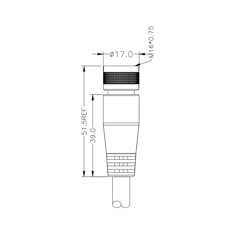 M16 4pins A code female straight molded cable,unshielded,PVC,-40°C~+105°C,18AWG 0.75mm²,brass with nickel plated screw