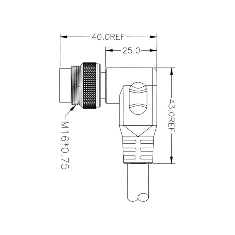 M16 2pins A code male right angle molded cable,unshielded,PUR,-40°C~+105°C,18AWG 0.75mm²,brass with nickel plated screw