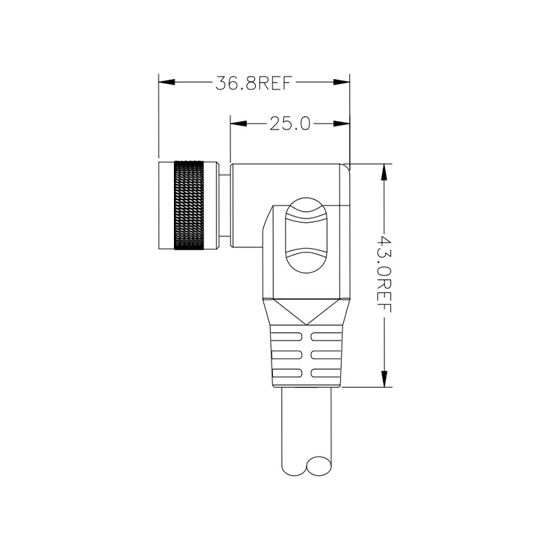 M16 2pins A code female right angle molded cable,unshielded,PUR,-40°C~+105°C,18AWG 0.75mm²,brass with nickel plated screw