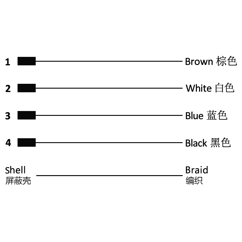 M16 4pins A code male straight molded cable,shielded,PUR,-40°C~+105°C,18AWG 0.75mm²,brass with nickel plated screw