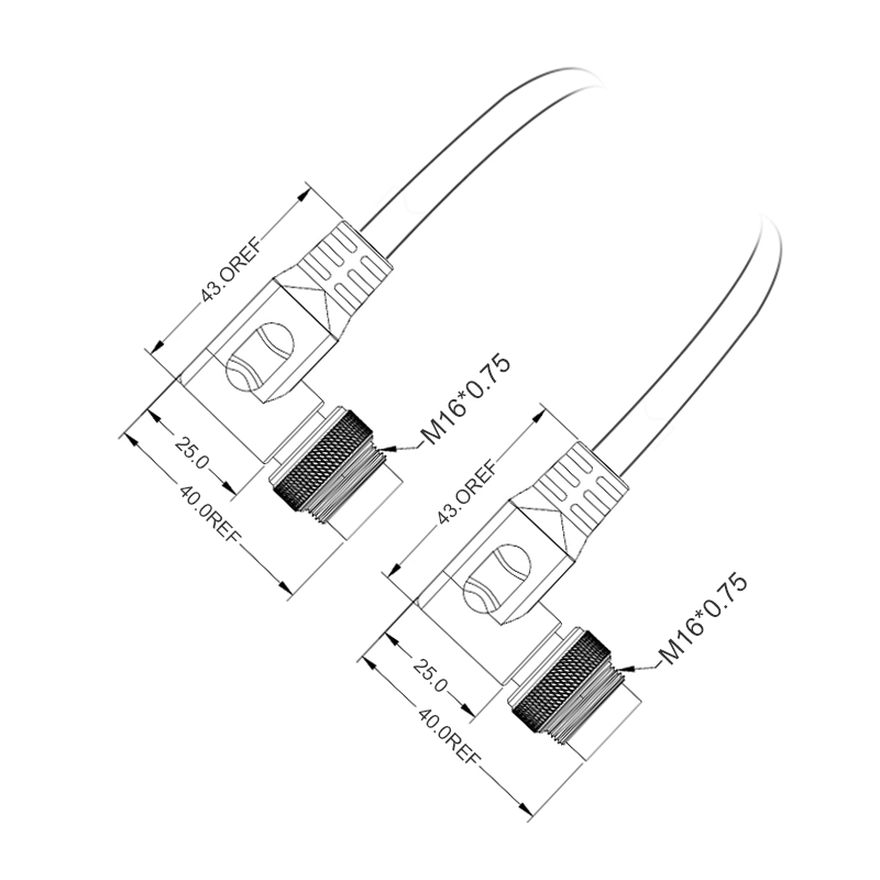 M16 2pins A code male to male right angle molded cable,unshielded,PVC,-40°C~+105°C,18AWG 0.75mm²,brass with nickel plated screw