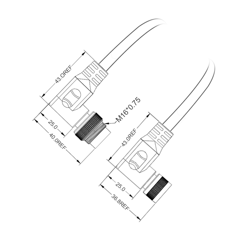 M16 2pins A code male to female right angle molded cable,unshielded,PUR,-40°C~+105°C,18AWG 0.75mm²,brass with nickel plated screw