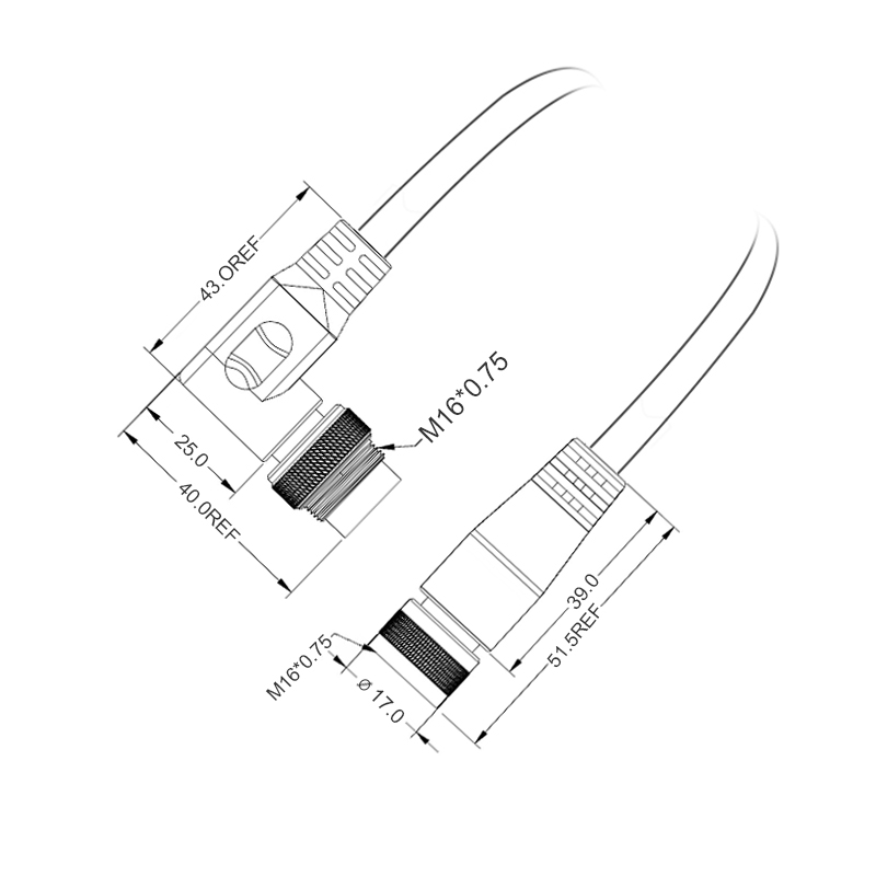 M16 2pins A code male right angle to female straight molded cable,unshielded,PVC,-40°C~+105°C,18AWG 0.75mm²,brass with nickel plated screw