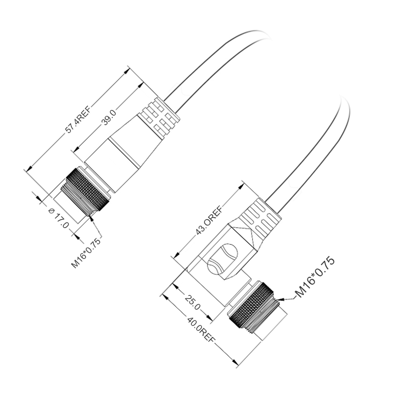 M16 2pins A code male straight to male right angle molded cable,unshielded,PVC,-40°C~+105°C,18AWG 0.75mm²,brass with nickel plated screw