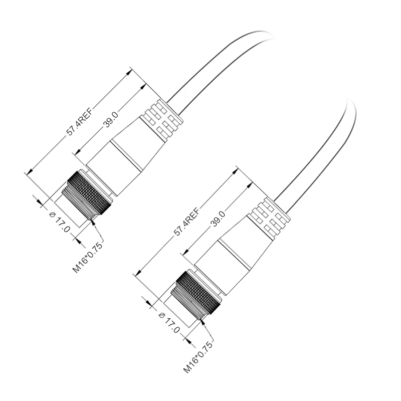 M16 2pins A code male to male straight molded cable,unshielded,PUR,-40°C~+105°C,18AWG 0.75mm²,brass with nickel plated screw