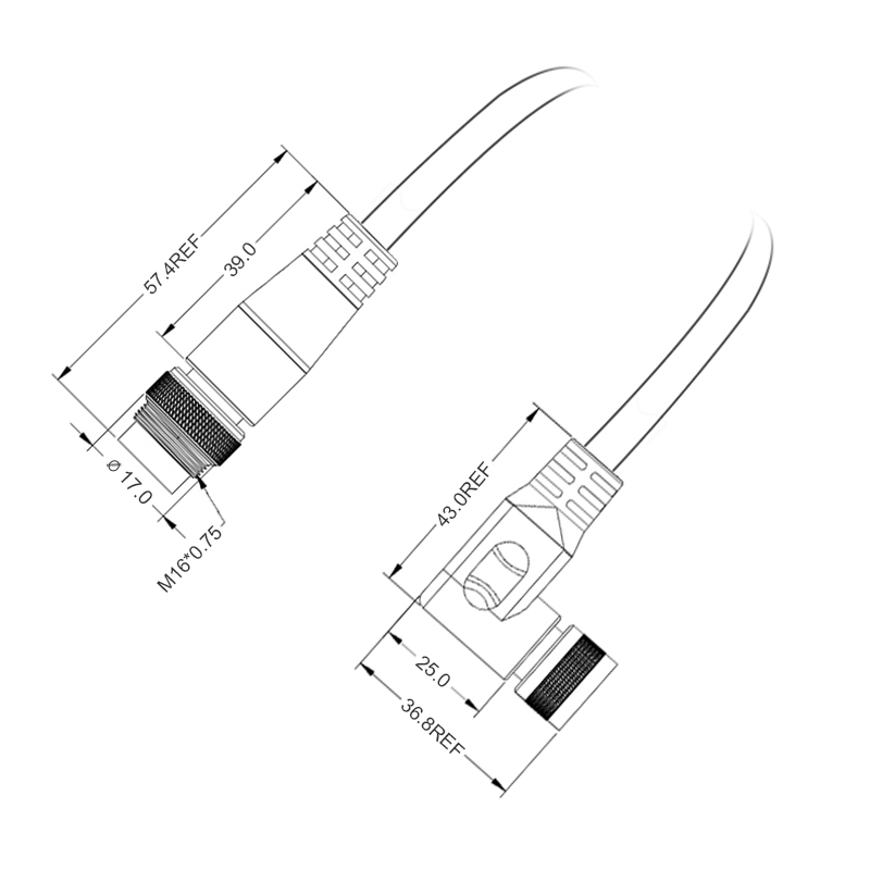 M16 2pins A code male straight to female right angle molded cable,unshielded,PUR,-40°C~+105°C,18AWG 0.75mm²,brass with nickel plated screw