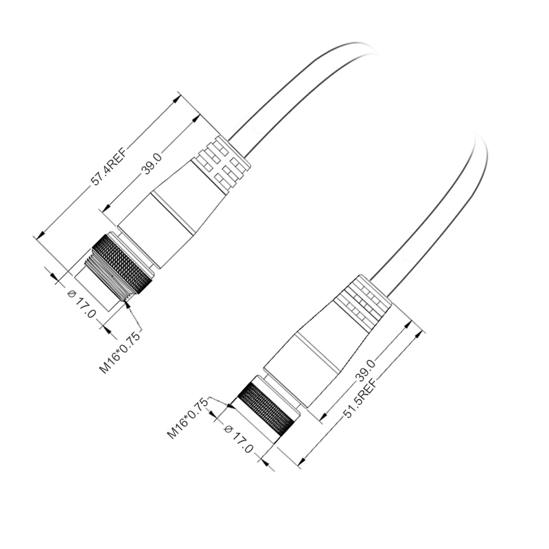 M16 2pins A code male straight to female right angle molded cable,unshielded,PVC,-40°C~+105°C,18AWG 0.75mm²,brass with nickel plated screw