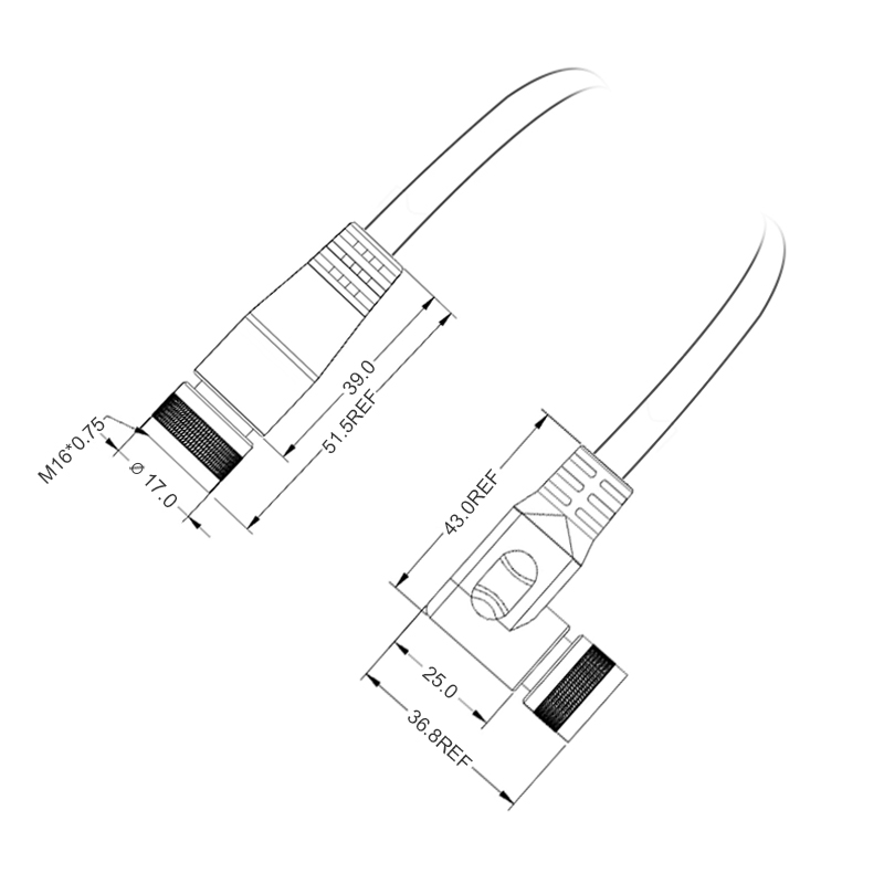 M16 2pins A code female straight to female right angle molded cable,unshielded,PVC,-40°C~+105°C,18AWG 0.75mm²,brass with nickel plated screw