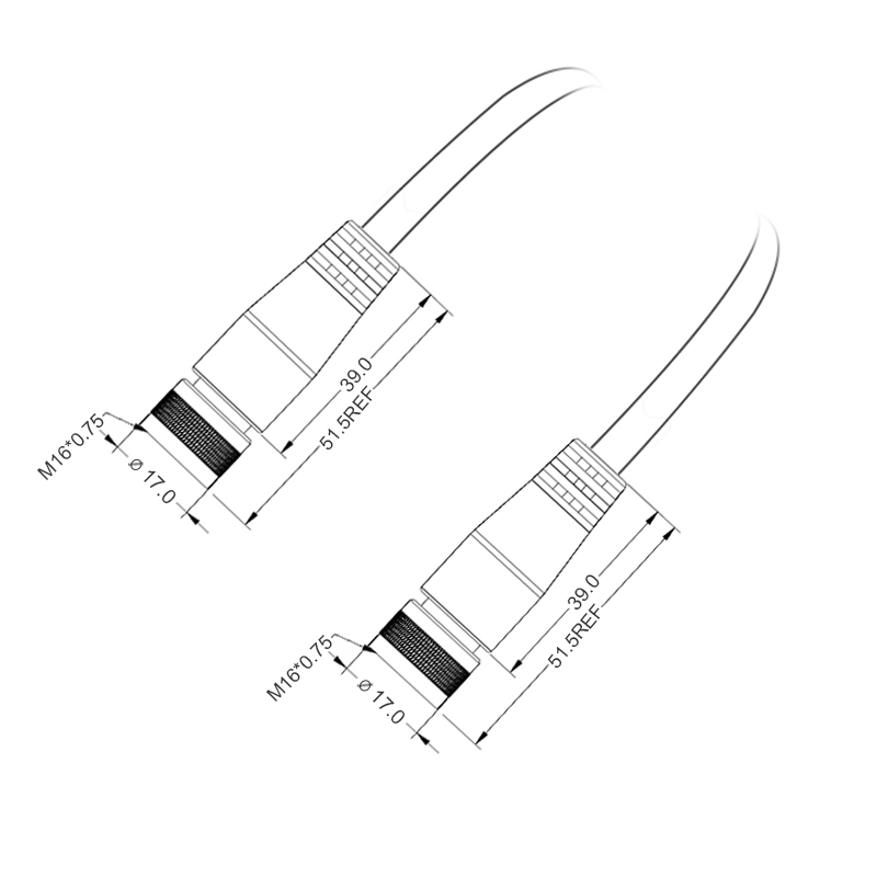 M16 2pins A code female to female straight molded cable,unshielded,PUR,-40°C~+105°C,18AWG 0.75mm²,brass with nickel plated screw