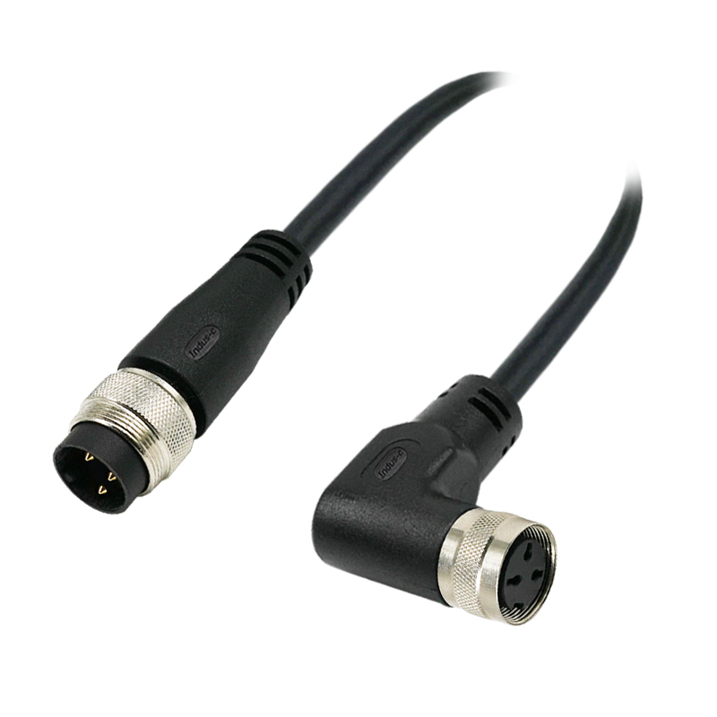 M16 3pins A code male straight to female right angle molded cable,unshielded,PVC,-40°C~+105°C,18AWG 0.75mm²,brass with nickel plated screw