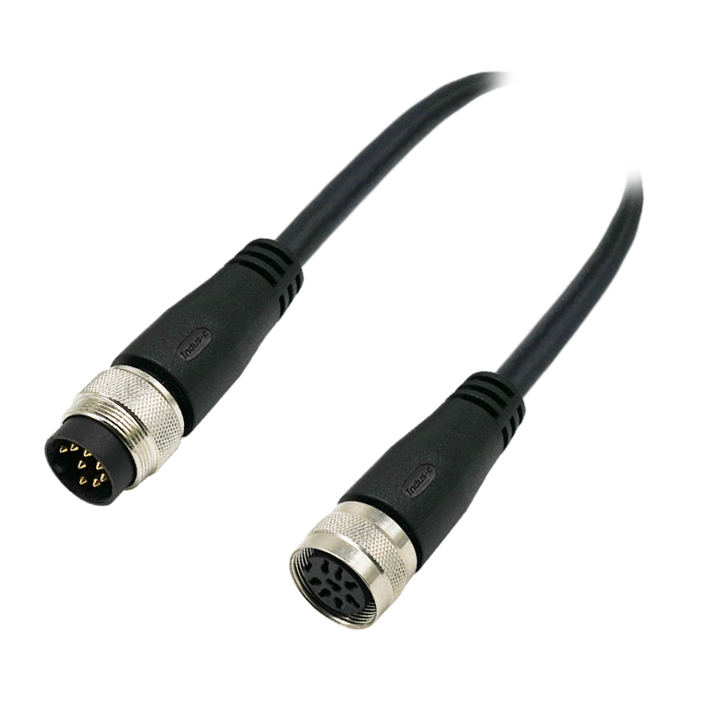 M16 8pins A code male straight to female right angle molded cable,unshielded,PVC,-40°C~+105°C,18AWG 0.75mm²,brass with nickel plated screw