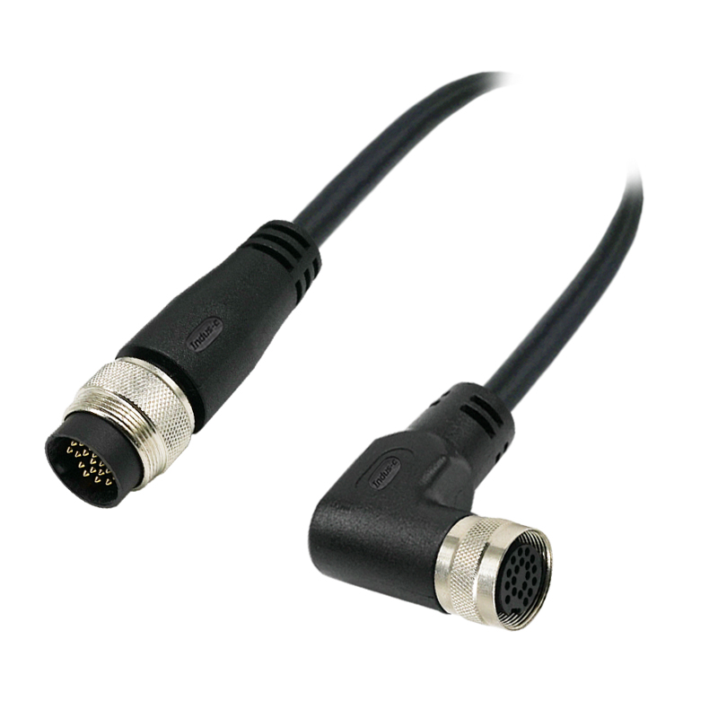 M16 19pins A code male straight to female right angle molded cable,unshielded,PVC,-40°C~+105°C,24AWG 0.25mm²,brass with nickel plated screw