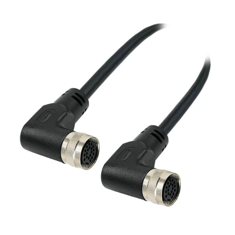 M16 19pins A code female to female right angle molded cable,shielded,PVC,-40°C~+105°C,24AWG 0.25mm²,brass with nickel plated screw