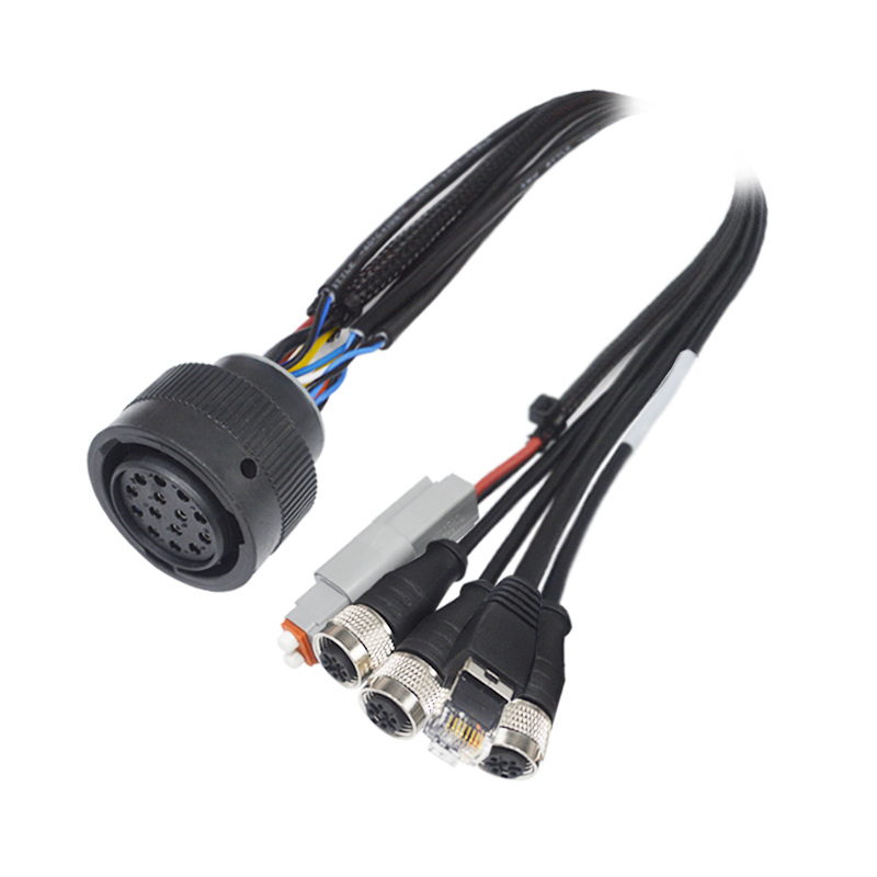 TE connector to 3xM12 to RJ45 to Amphenol connector breakout cable assembly