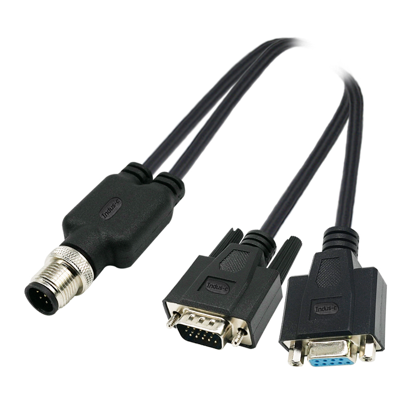 M12 8pins A code male connector to D-sub 9pins male+D-sub 9pins female cable